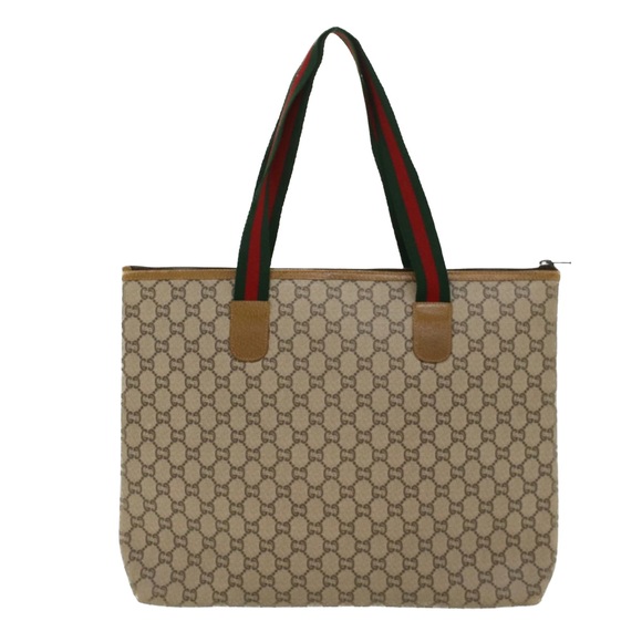 GUCCI GG Plus Canvas Web Sherry Line Tote Bag Beige Red Green Auth ep1048 - Picture 2 of 16